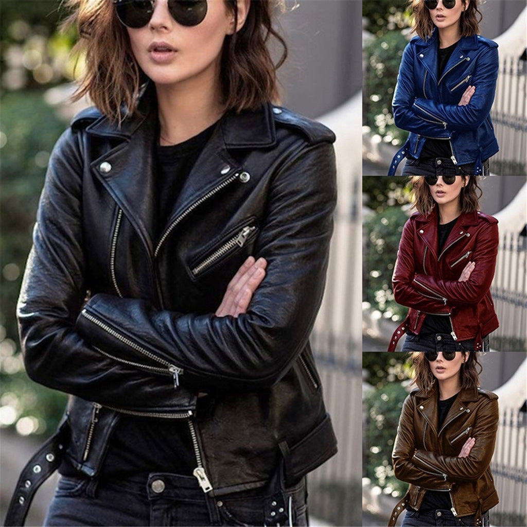 Chaqueta de Cuero Sintético para Mujer — Estilo Moto Slim Fit