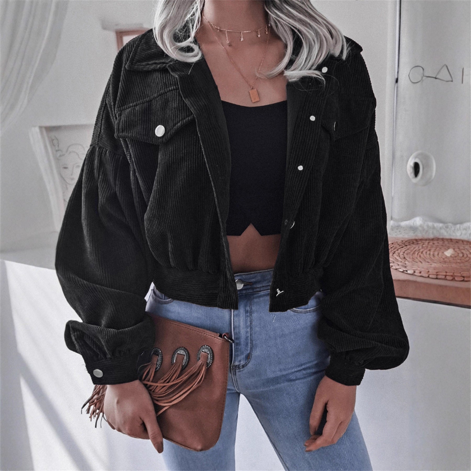Chaqueta Corta Mujer de Pana | Manga Farol | Estilo Boyfriend | Casual Street | Tallas S-XL