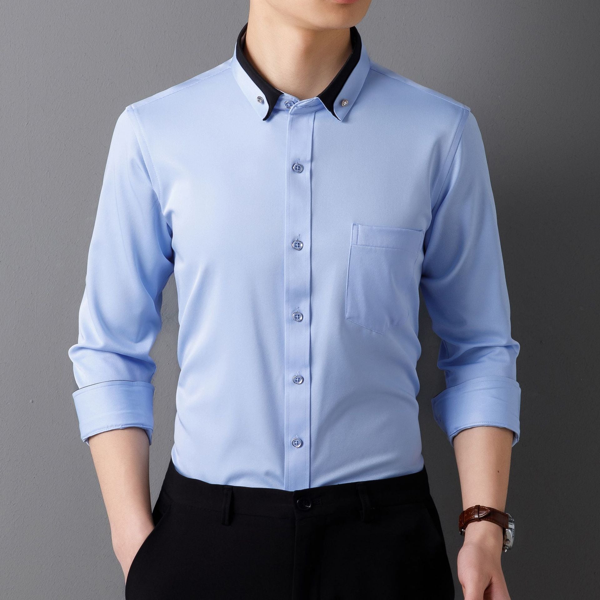 Camisa de Vestir de Manga Larga para Hombre — Botones de Diamante, Elástica, Sin Plancha