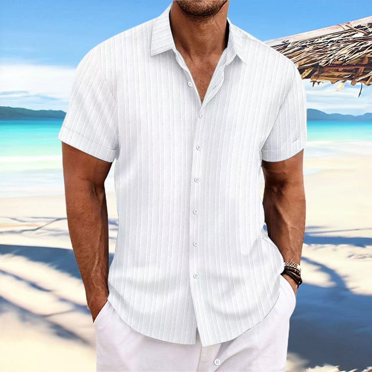 Camisa de Lino con Rayas Jacquard para Hombre — Corte Holgado, Estilo Británico | Verano