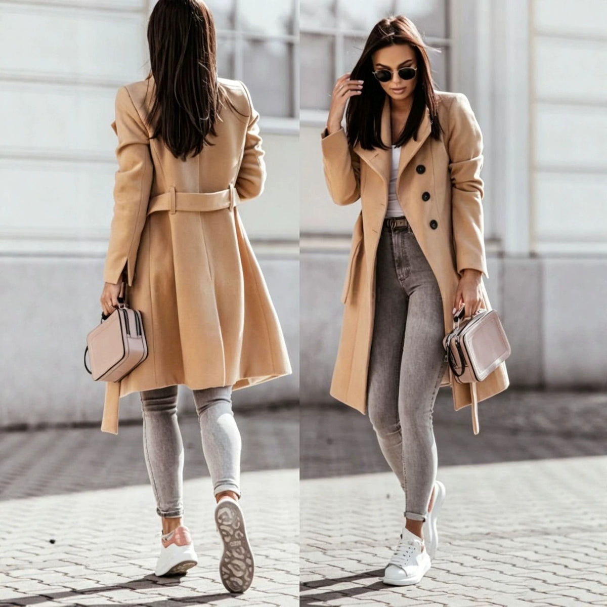 Abrigo de Lana Mujer con Cinturón | Cuello Alto | Largo Medio | Slim Fit | Otoño Invierno | S-2XL