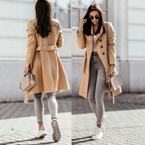 Abrigo de Lana Mujer con Cinturón | Cuello Alto | Largo Medio | Slim Fit | Otoño Invierno | S-2XL