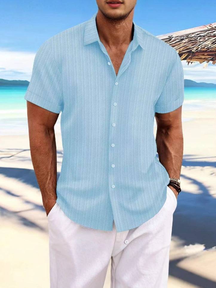 Camisa de Lino con Rayas Jacquard para Hombre — Corte Holgado, Estilo Británico | Verano