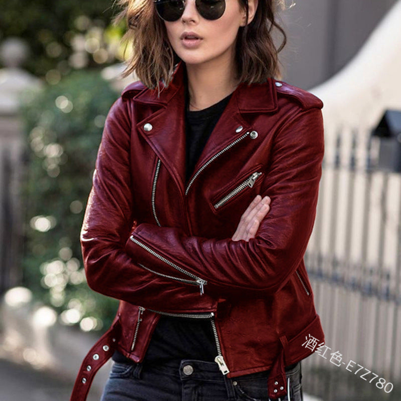 Chaqueta de Cuero Sintético para Mujer — Estilo Moto Slim Fit