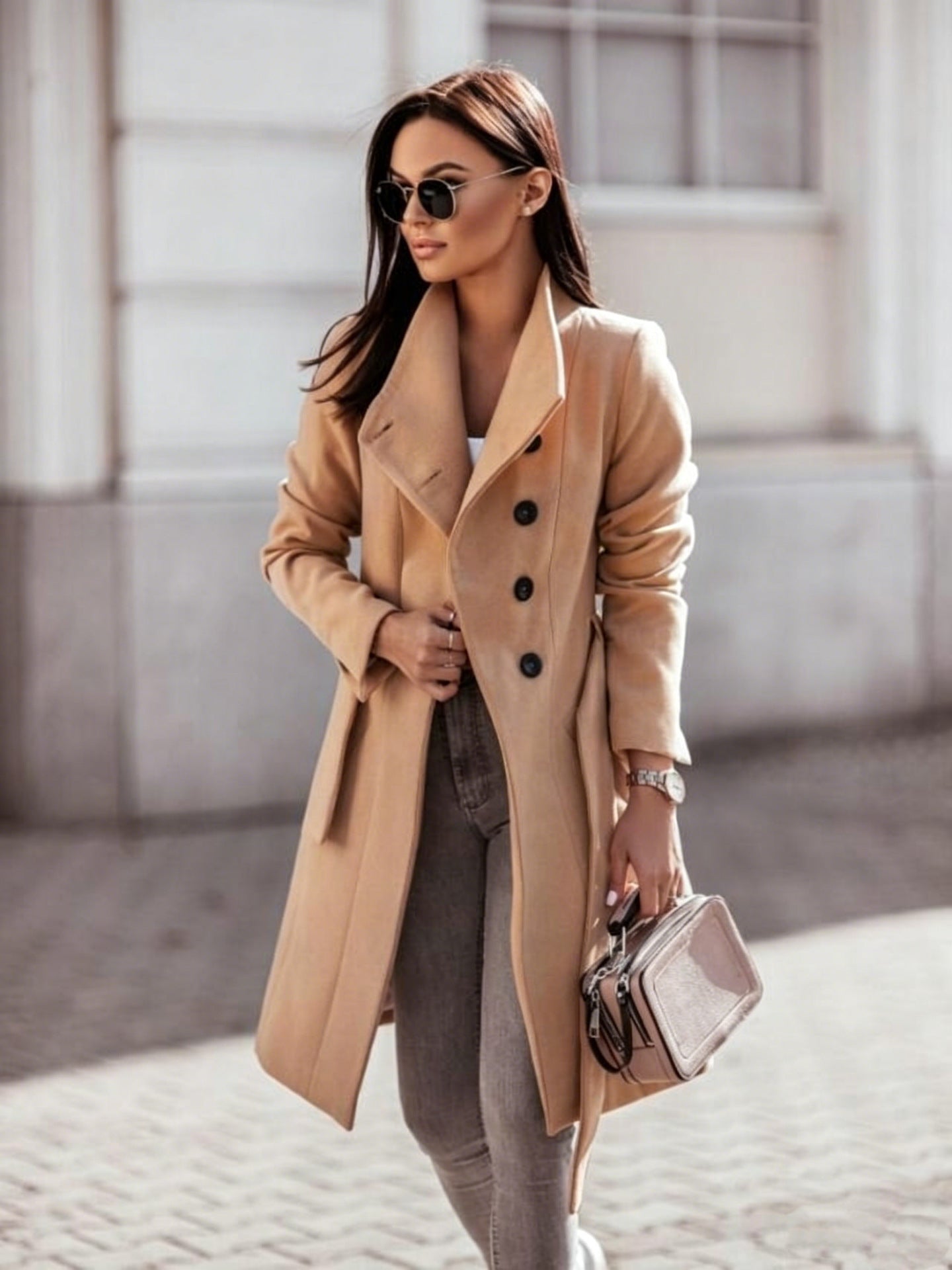 Abrigo de Lana Mujer con Cinturón | Cuello Alto | Largo Medio | Slim Fit | Otoño Invierno | S-2XL
