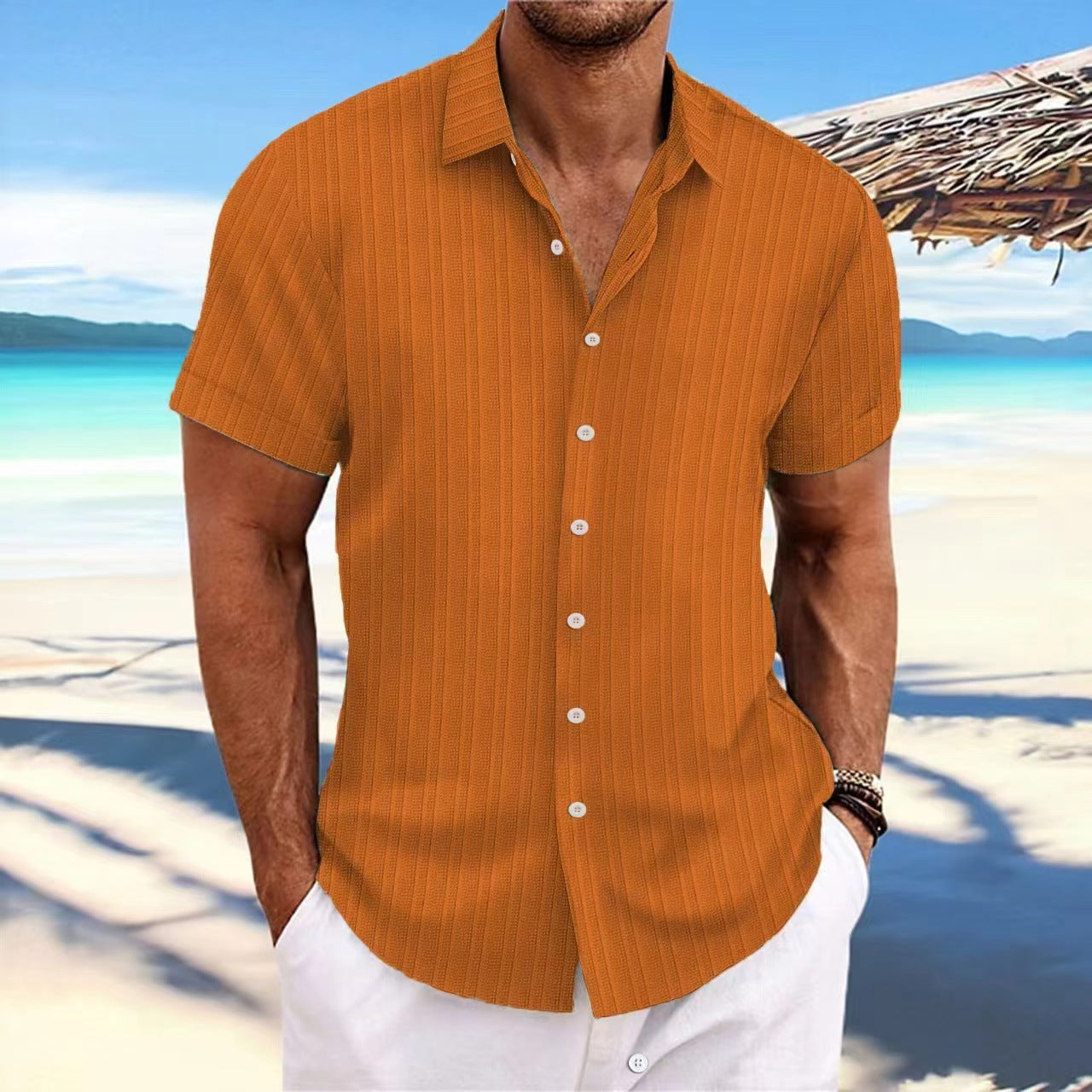 Camisa de Lino con Rayas Jacquard para Hombre — Corte Holgado, Estilo Británico | Verano