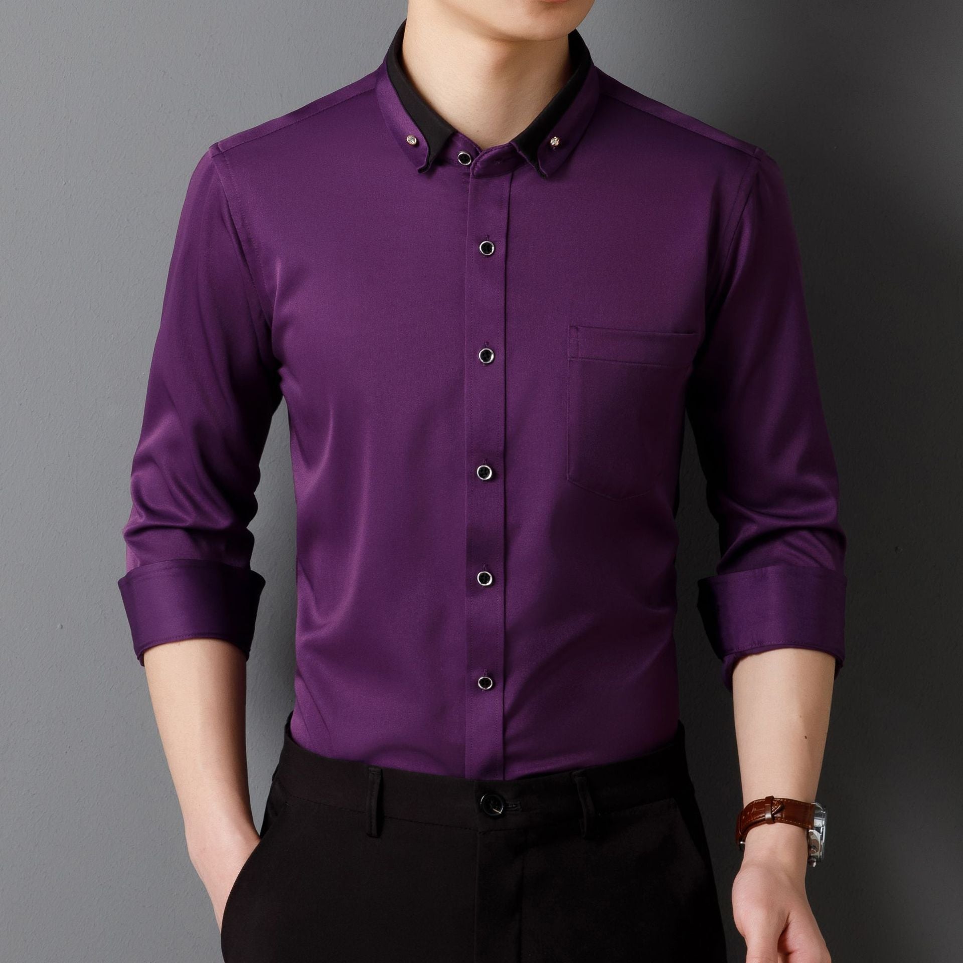 Camisa de Vestir de Manga Larga para Hombre — Botones de Diamante, Elástica, Sin Plancha
