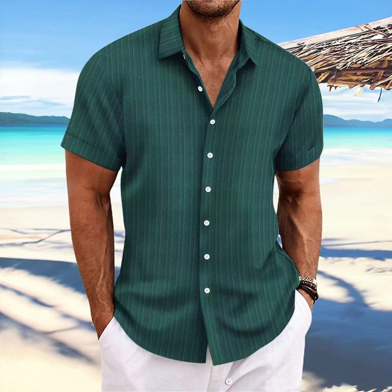 Camisa de Lino con Rayas Jacquard para Hombre — Corte Holgado, Estilo Británico | Verano