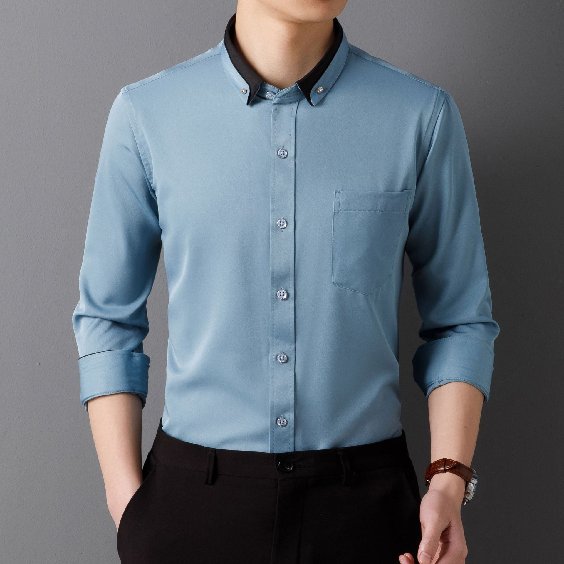 Camisa de Vestir de Manga Larga para Hombre — Botones de Diamante, Elástica, Sin Plancha