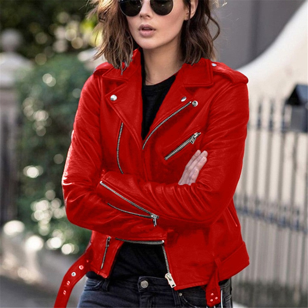 Chaqueta de Cuero Sintético para Mujer — Estilo Moto Slim Fit