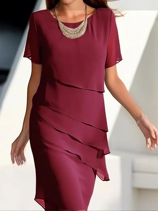 Vestido Casual de Manga Corta con Volantes — Cuello Redondo Silueta A-Line