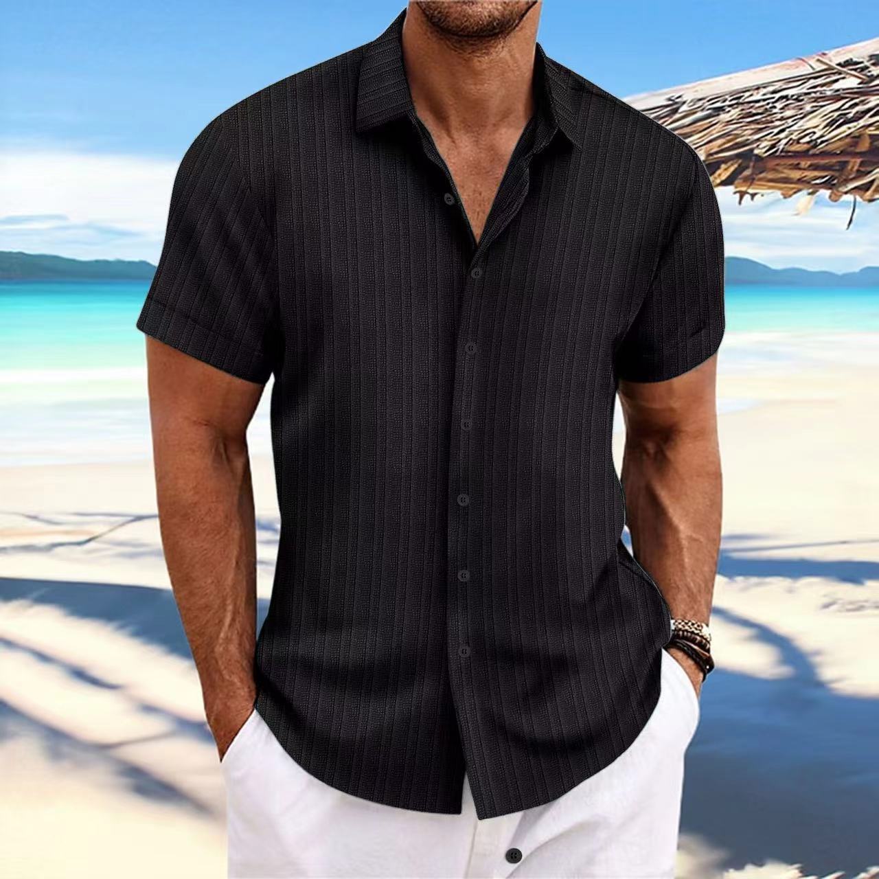 Camisa de Lino con Rayas Jacquard para Hombre — Corte Holgado, Estilo Británico | Verano