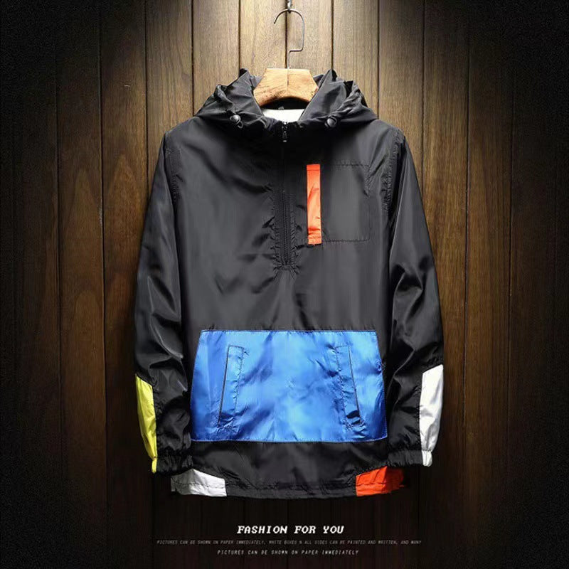 Chaqueta con Capucha Hombre Estilo Coreano | Color Block Holgada Primavera-Otoño