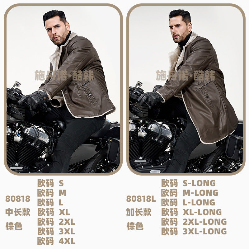 Chaqueta de Cuero Hombre | Largo Medio | Forro Polar | Cuello Solapa | Estilo Business | Otoño-Invierno | Tallas S-4XL