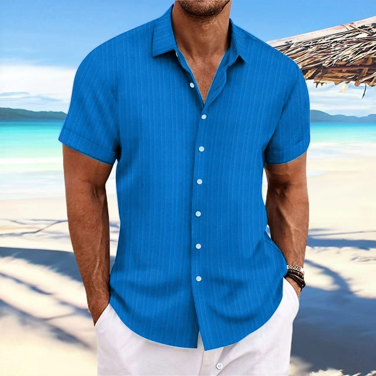 Camisa de Lino con Rayas Jacquard para Hombre — Corte Holgado, Estilo Británico | Verano