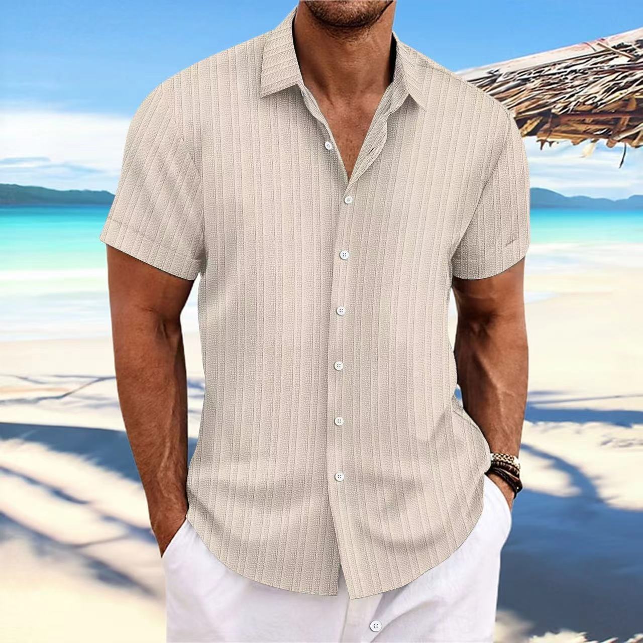 Camisa de Lino con Rayas Jacquard para Hombre — Corte Holgado, Estilo Británico | Verano