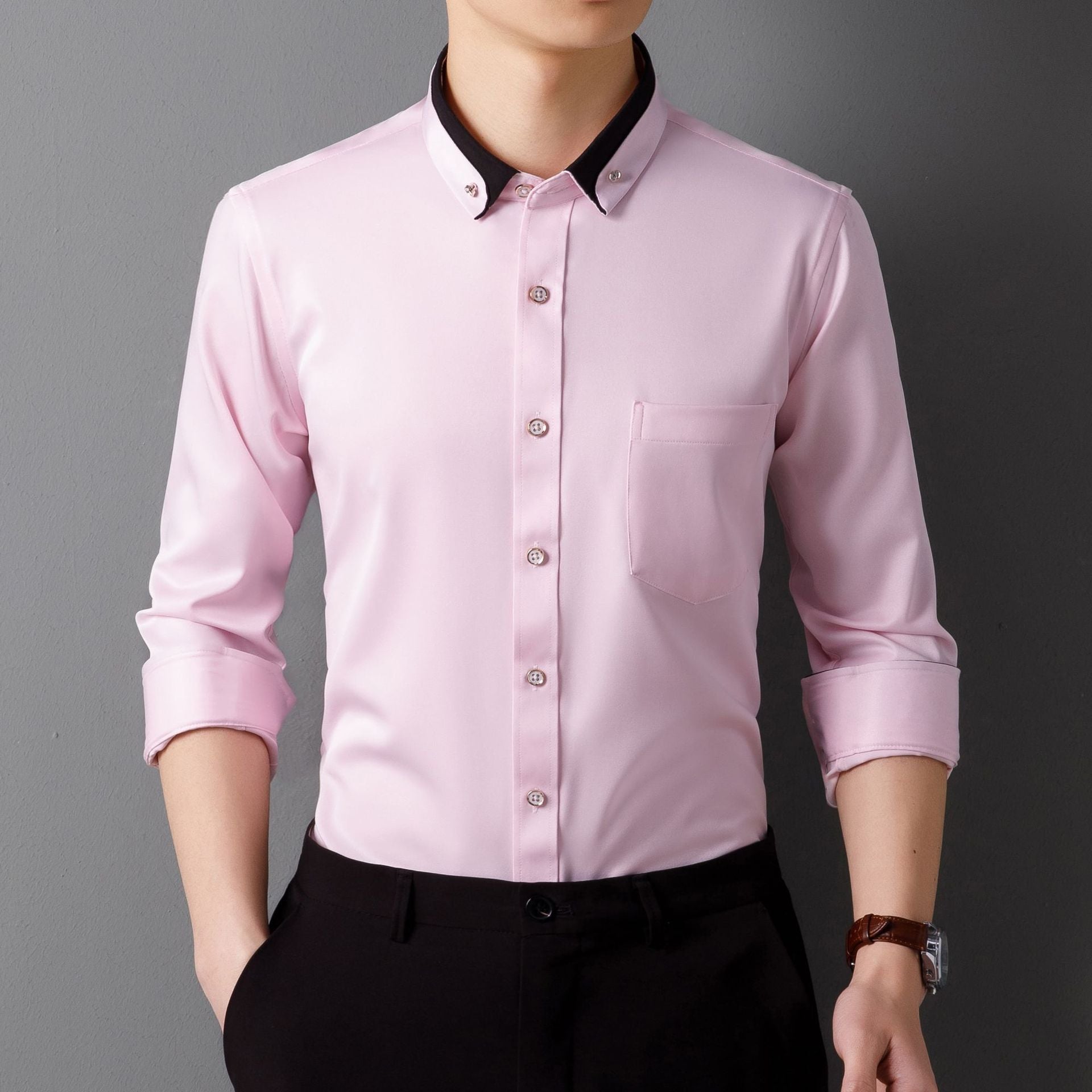 Camisa de Vestir de Manga Larga para Hombre — Botones de Diamante, Elástica, Sin Plancha