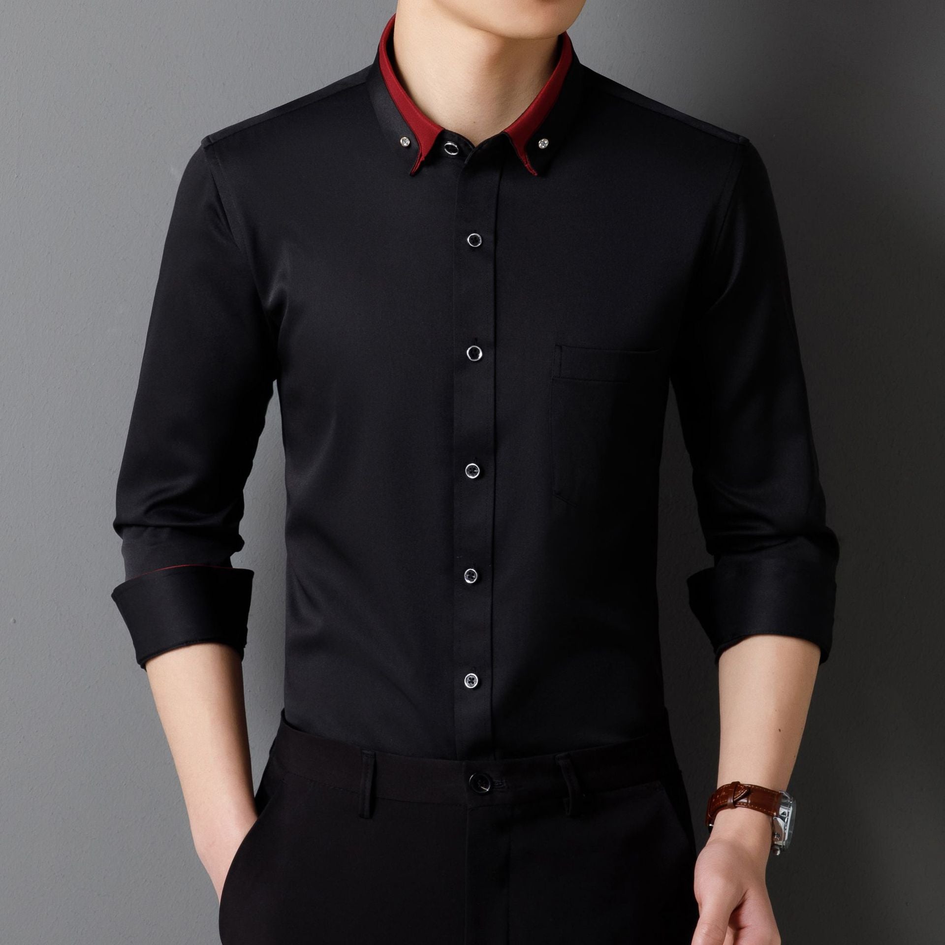 Camisa de Vestir de Manga Larga para Hombre — Botones de Diamante, Elástica, Sin Plancha