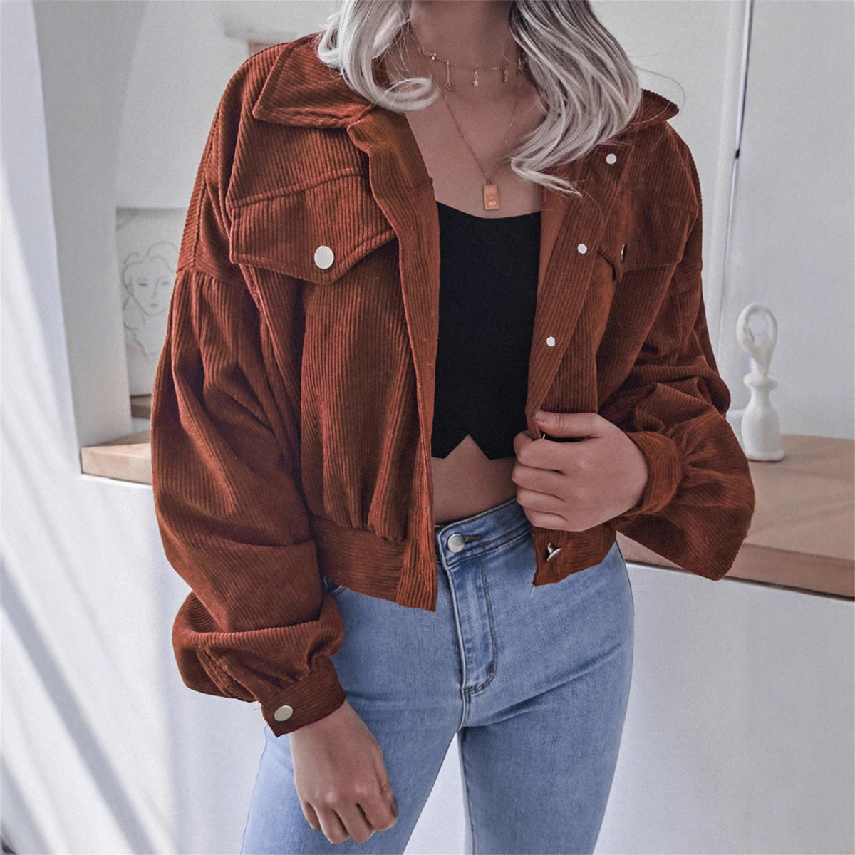 Chaqueta Corta Mujer de Pana | Manga Farol | Estilo Boyfriend | Casual Street | Tallas S-XL