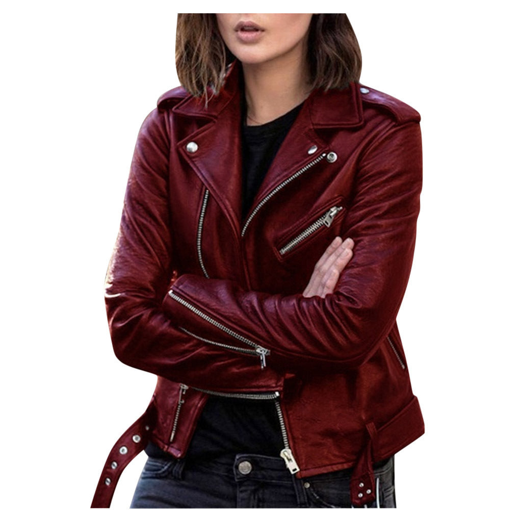 Chaqueta de Cuero Sintético para Mujer — Estilo Moto Slim Fit