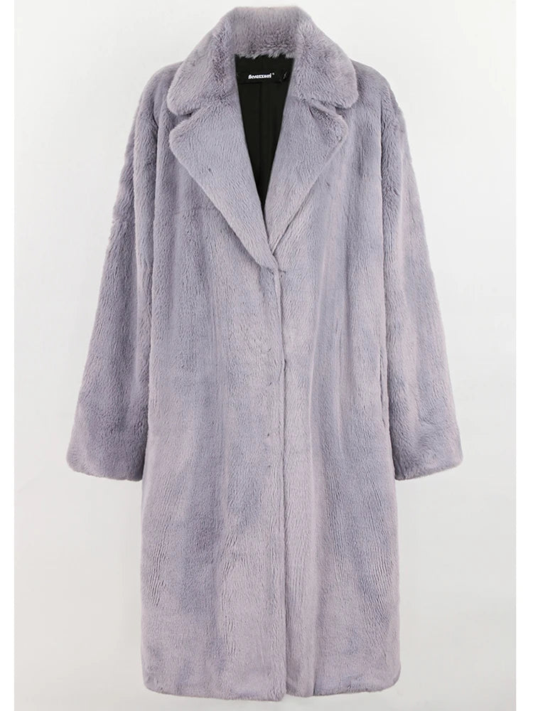 Abrigo Largo de Piel Sintética para Mujer – Cálido, con Bolsillos, Estilo Casual | Tallas S-5XL