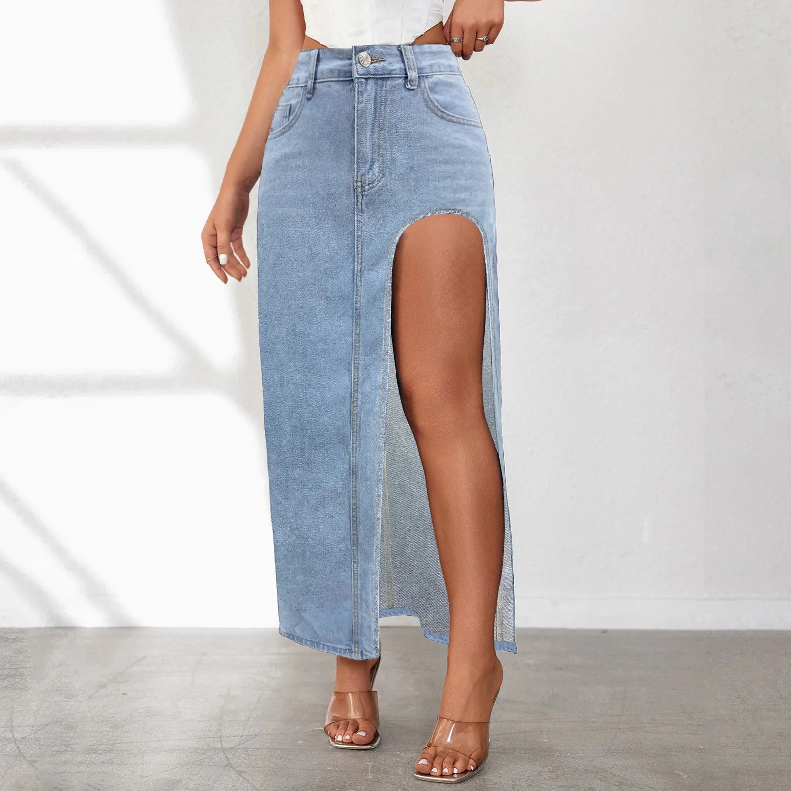 Falda Vaquera Midi Mujer | Abertura Lateral | Cintura Semielástica | Denim Lavado | S-XXL