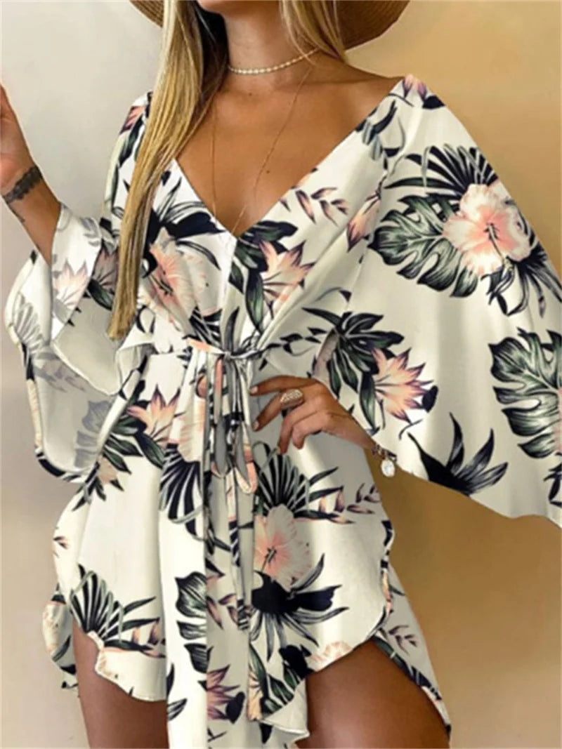 Vestido Corto para Mujer – Cuello V, Mangas Murciélago, Estampado | Tallas S-XXL
