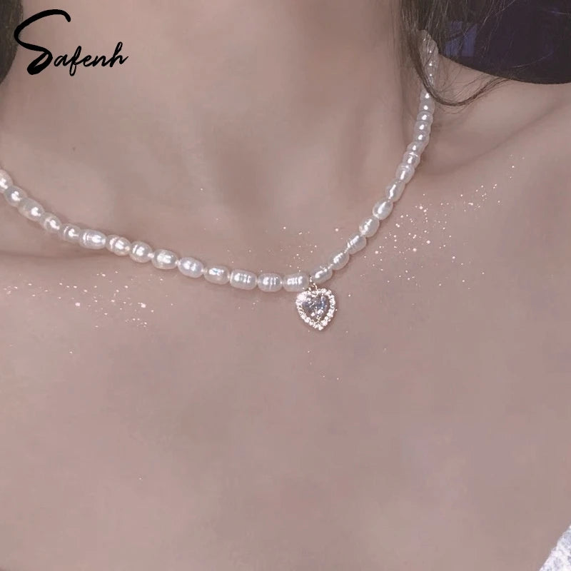 Collar de Perlas de Agua Dulce | Estilo Coreano Vintage | Cadena Clavícula con Colgante de Circón