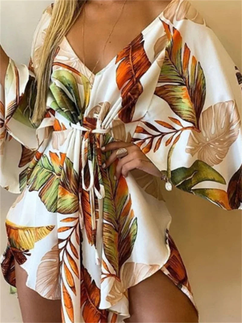 Vestido Corto para Mujer – Cuello V, Mangas Murciélago, Estampado | Tallas S-XXL