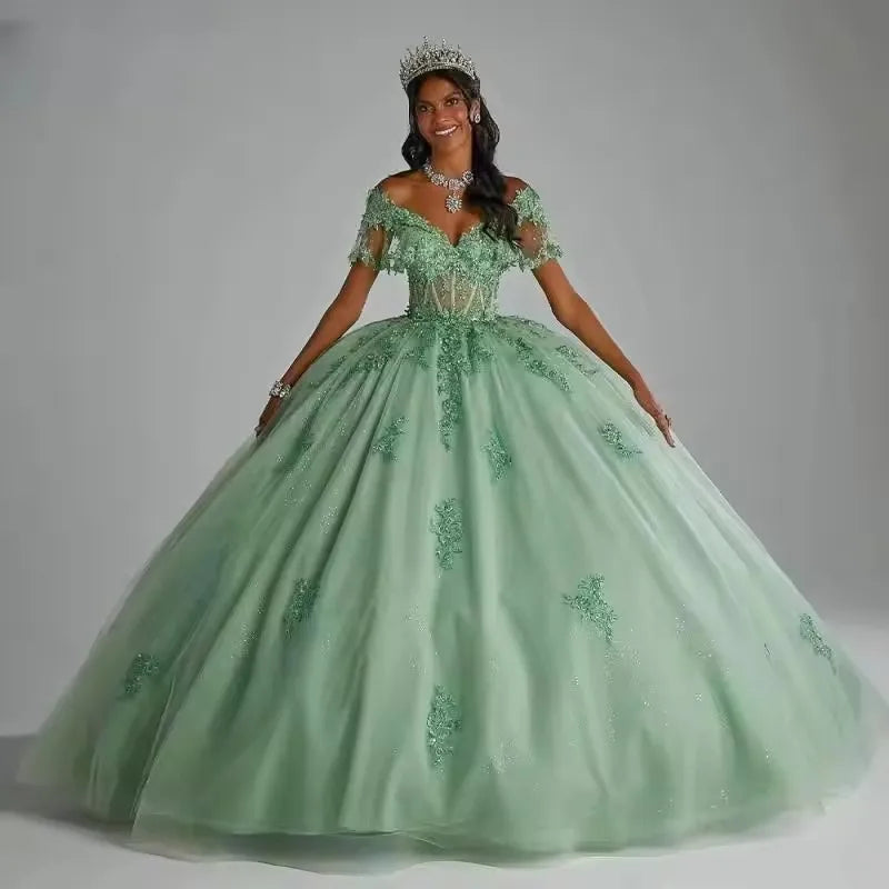 Customized Shiny Sage Green Quinceanera Dresses With Bow Off-Shoulder Vestidos 15 Anos Formal Birthday Party Princess Ball Gown