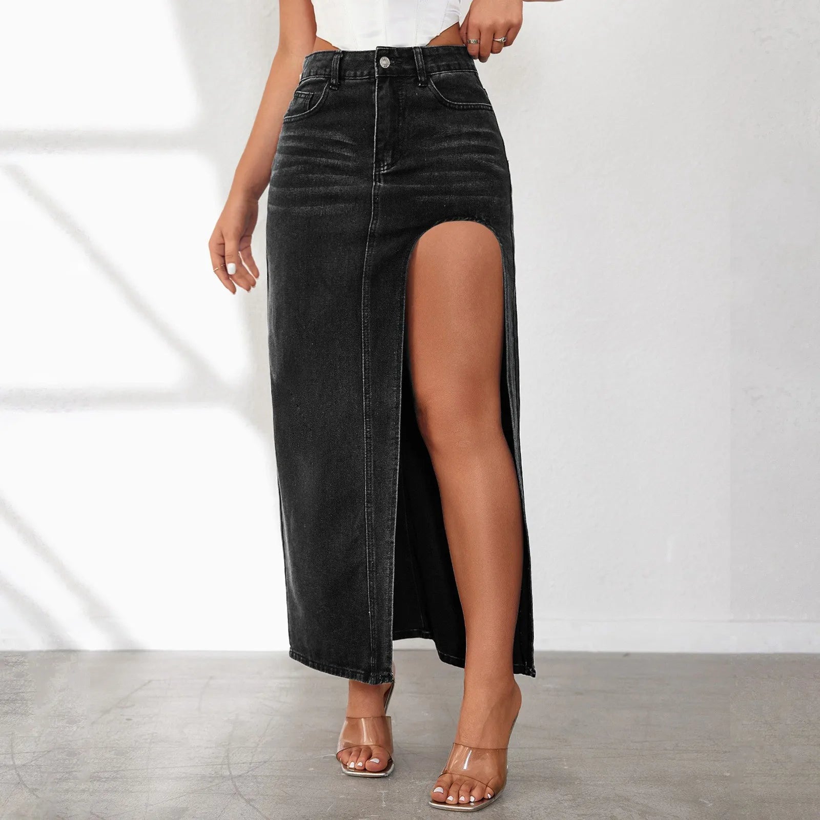 Falda Vaquera Midi Mujer | Abertura Lateral | Cintura Semielástica | Denim Lavado | S-XXL
