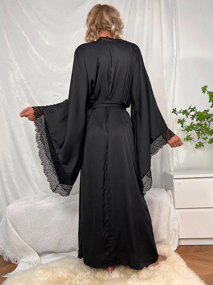Kimono Largo de Satén para Mujer — Bata de Baño Manga Ancha | Lencería de Lujo | Negro, Burdeos, Blanco
