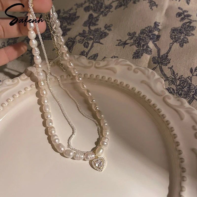 Collar de Perlas de Agua Dulce | Estilo Coreano Vintage | Cadena Clavícula con Colgante de Circón