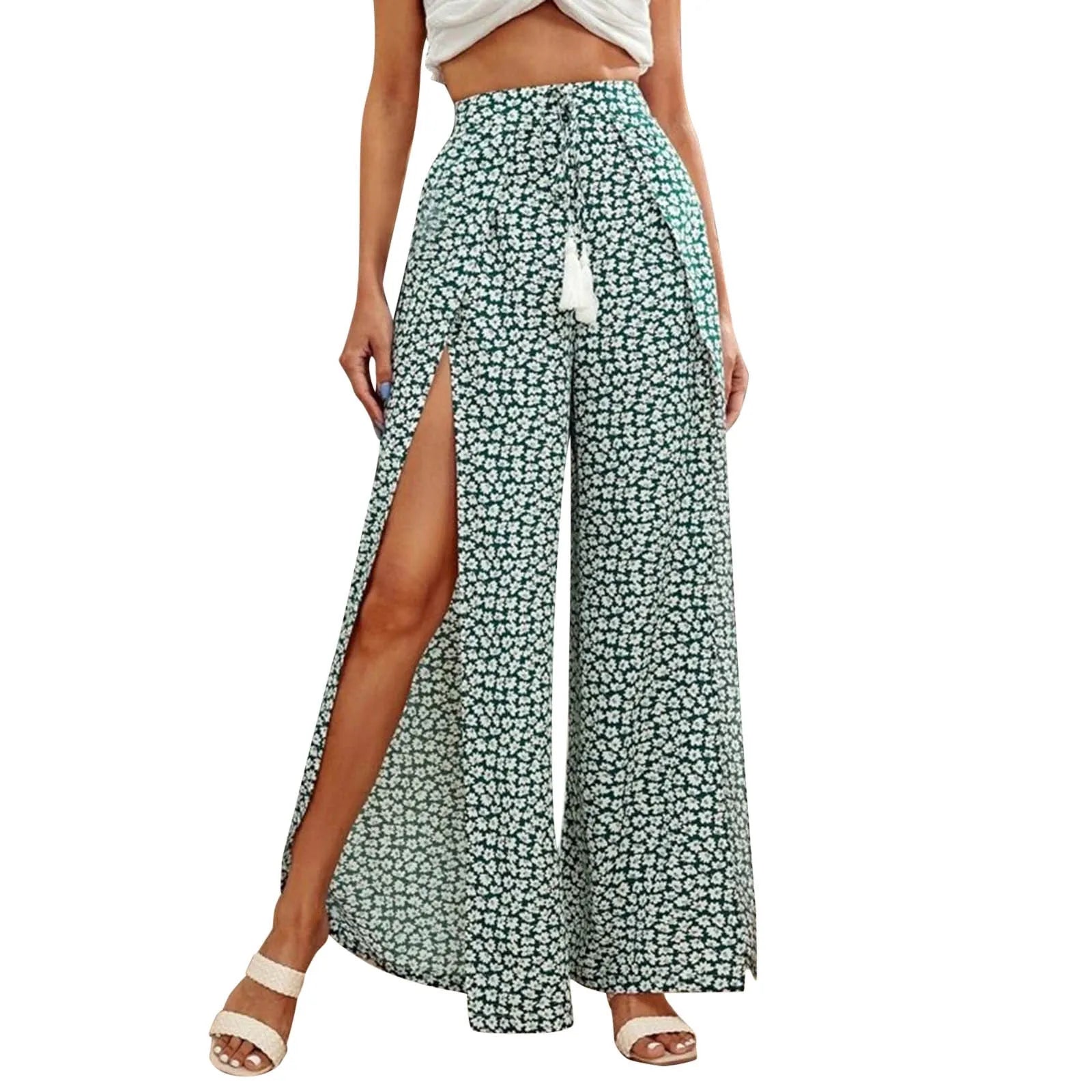 Pantalones Palazzo Pierna Ancha Mujer | Estampado Leopardo | Cintura Elástica con Cordón | Playa Verano