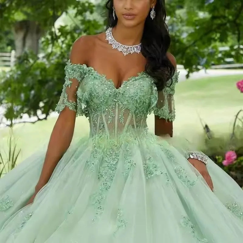 Customized Shiny Sage Green Quinceanera Dresses With Bow Off-Shoulder Vestidos 15 Anos Formal Birthday Party Princess Ball Gown