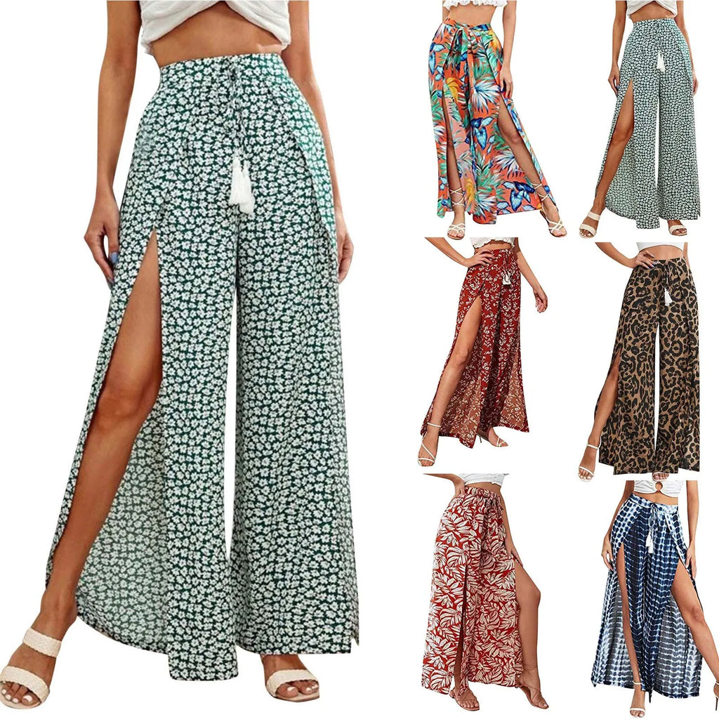 Pantalones Palazzo Pierna Ancha Mujer | Estampado Leopardo | Cintura Elástica con Cordón | Playa Verano