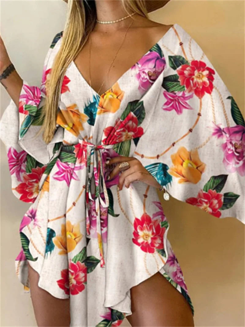 Vestido Corto para Mujer – Cuello V, Mangas Murciélago, Estampado | Tallas S-XXL