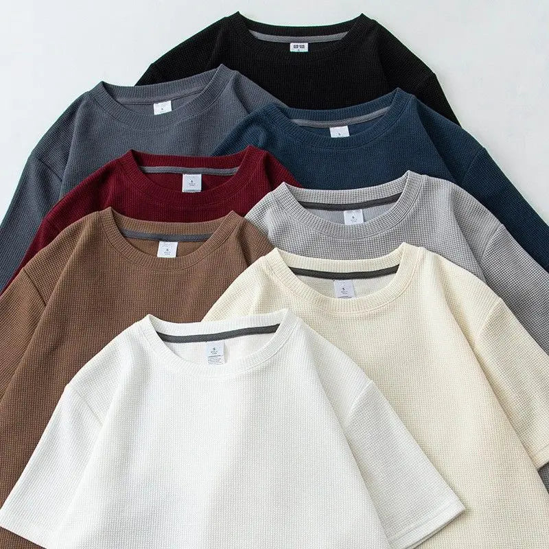 Camiseta Waffle Manga Corta Unisex | Tejido Texturizado | Cuello Redondo | Estilo Japonés Casual | M-5XL