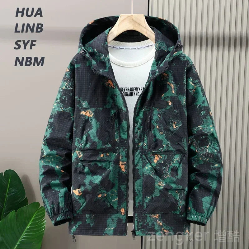 Chaqueta con Capucha Oversized para Hombre – Estampado Camuflaje, Tallas Grandes | 5XL-12XL