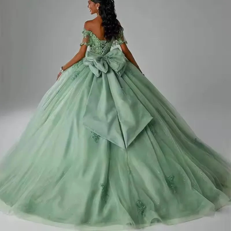Customized Shiny Sage Green Quinceanera Dresses With Bow Off-Shoulder Vestidos 15 Anos Formal Birthday Party Princess Ball Gown