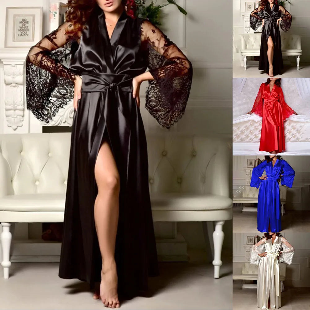 Bata Satén con Encaje para Mujer — Mangas Anchas | Ropa de Noche Elegante | Negro, Rojo, Blanco, Azul