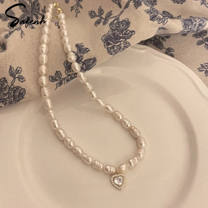 Collar de Perlas de Agua Dulce | Estilo Coreano Vintage | Cadena Clavícula con Colgante de Circón