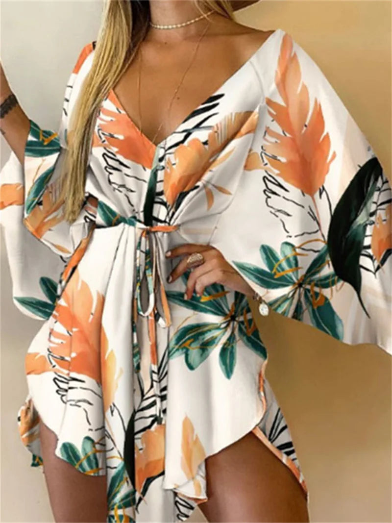 Vestido Corto para Mujer – Cuello V, Mangas Murciélago, Estampado | Tallas S-XXL