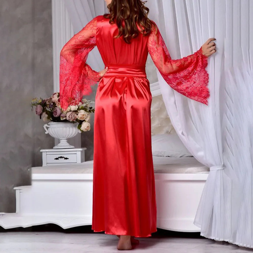 Bata Satén con Encaje para Mujer — Mangas Anchas | Ropa de Noche Elegante | Negro, Rojo, Blanco, Azul