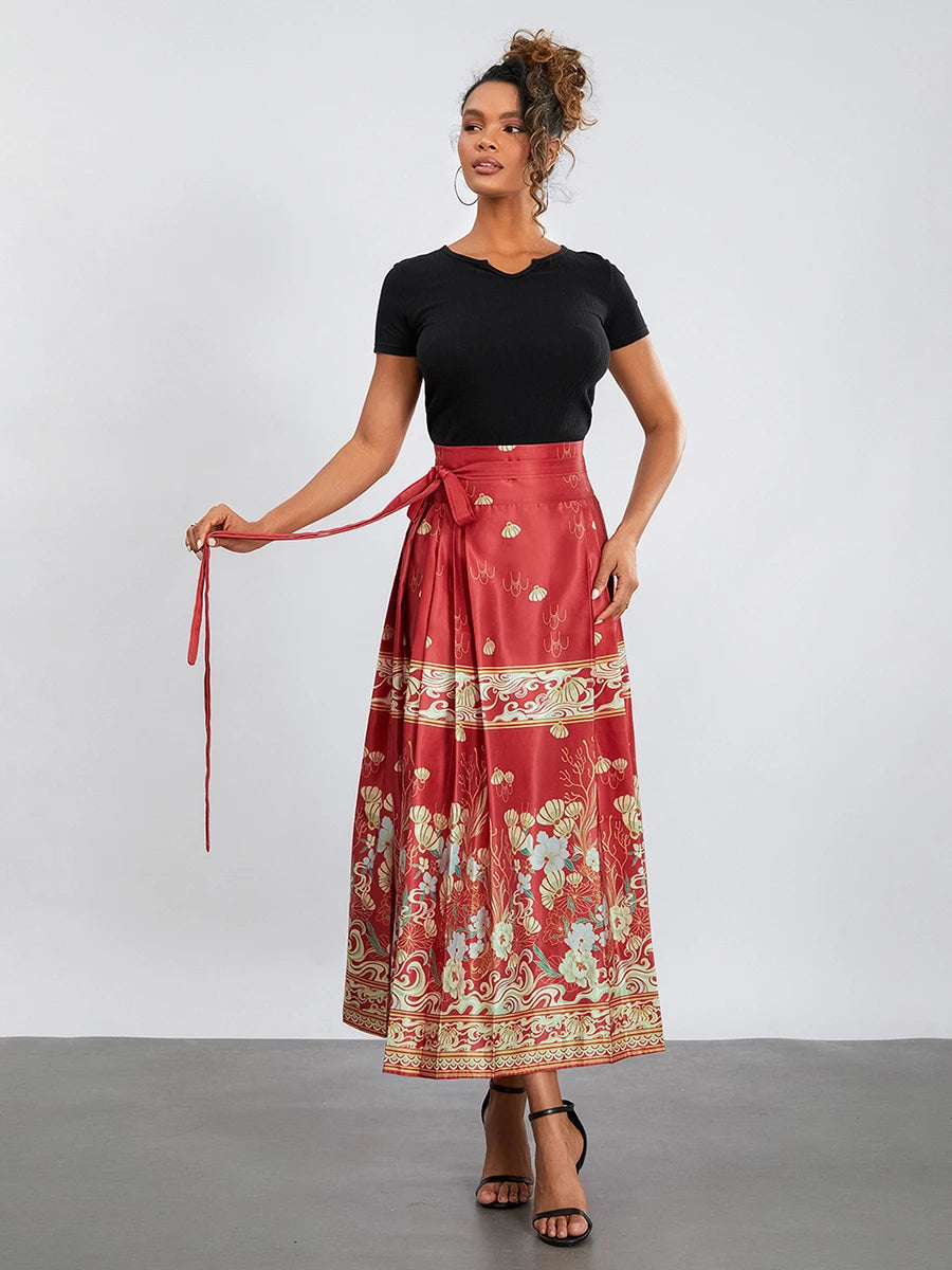 Falda Horse Face | Estampado Fénix y Flores | Estilo Chino Tradicional | Talla Única