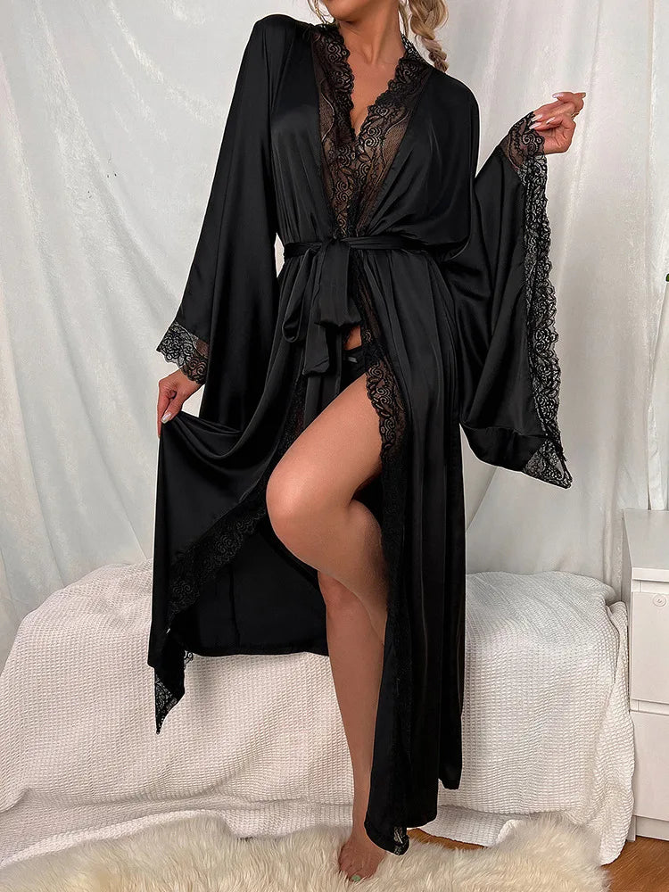 Kimono Largo de Satén para Mujer — Bata de Baño Manga Ancha | Lencería de Lujo | Negro, Burdeos, Blanco