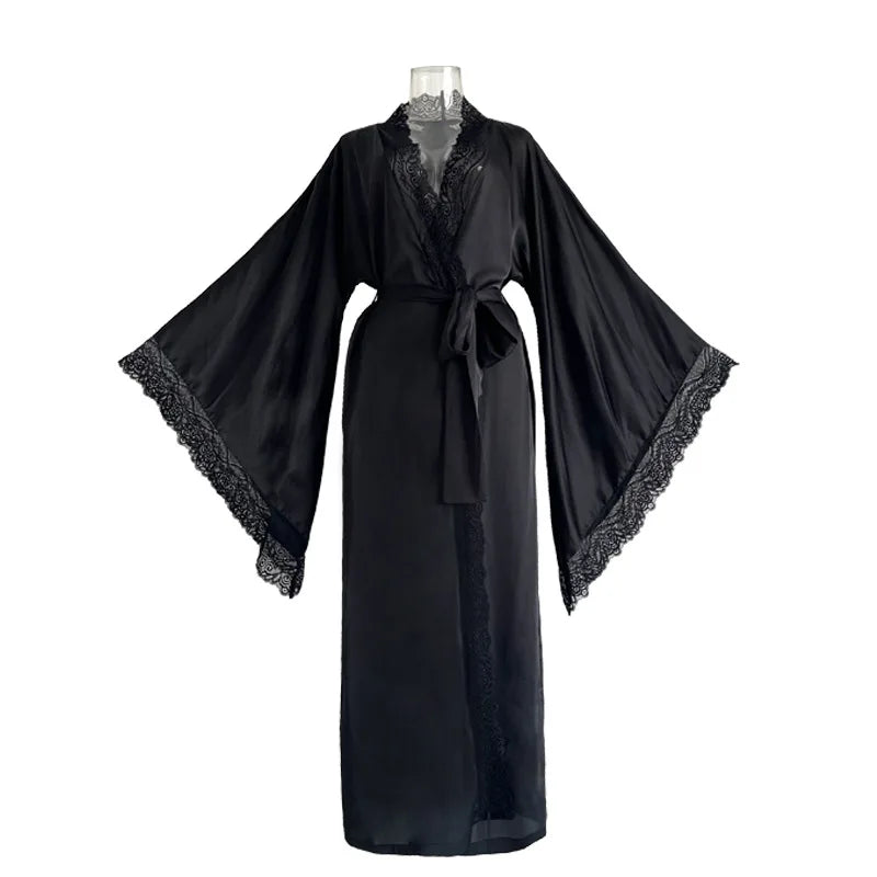 Kimono Largo de Satén para Mujer — Bata de Baño Manga Ancha | Lencería de Lujo | Negro, Burdeos, Blanco