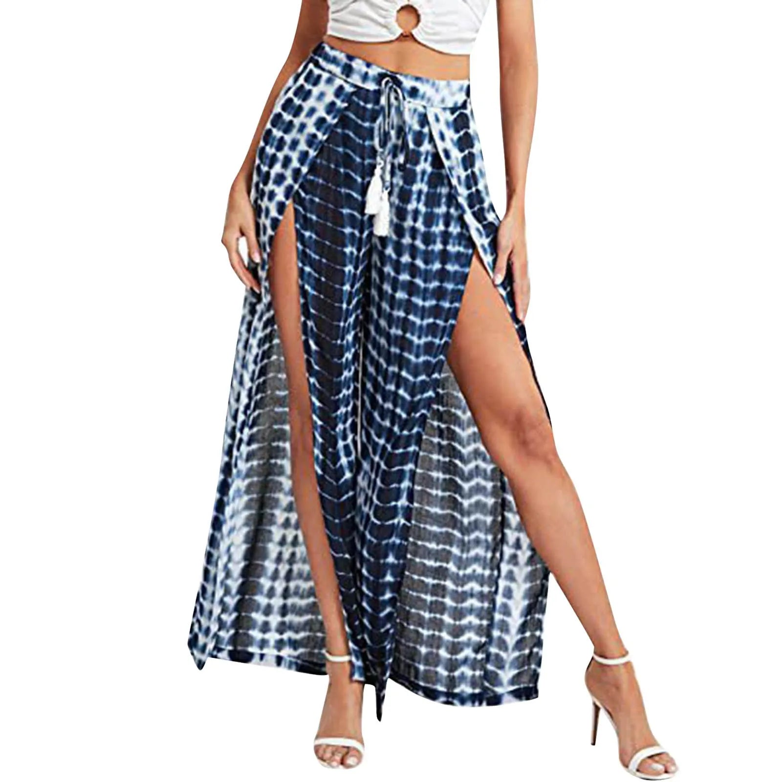 Pantalones Palazzo Pierna Ancha Mujer | Estampado Leopardo | Cintura Elástica con Cordón | Playa Verano