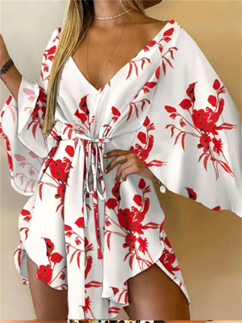 Vestido Corto para Mujer – Cuello V, Mangas Murciélago, Estampado | Tallas S-XXL