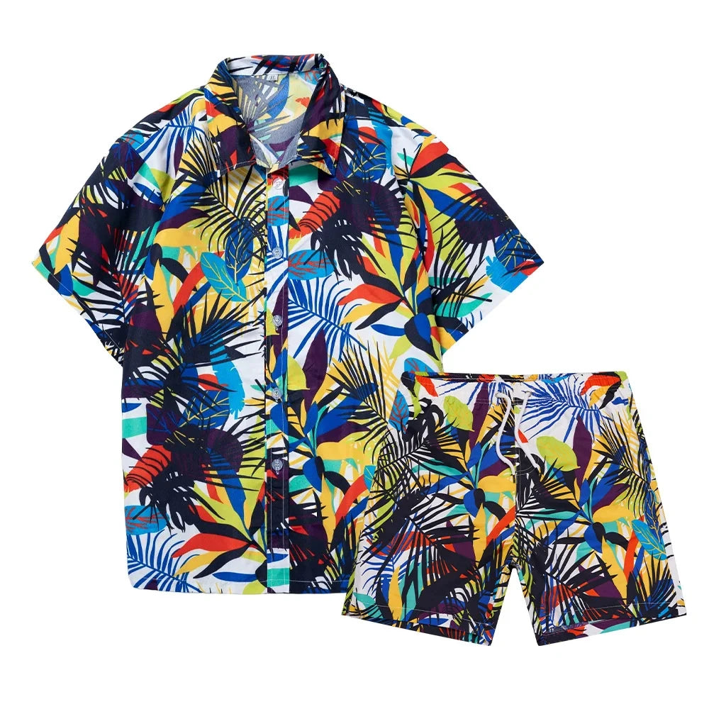 Conjunto de Camisa y Pantalón para Hombre — Cuello Mao, Manga Corta, Estampado | Co-ords Verano